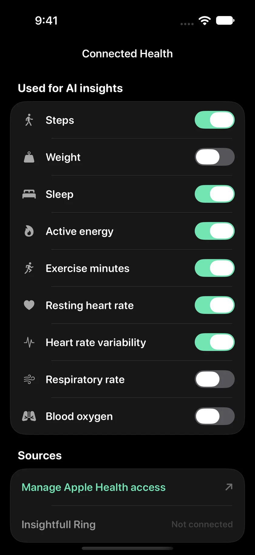 insightfull connected health data controls on iphone 17 pro with example data