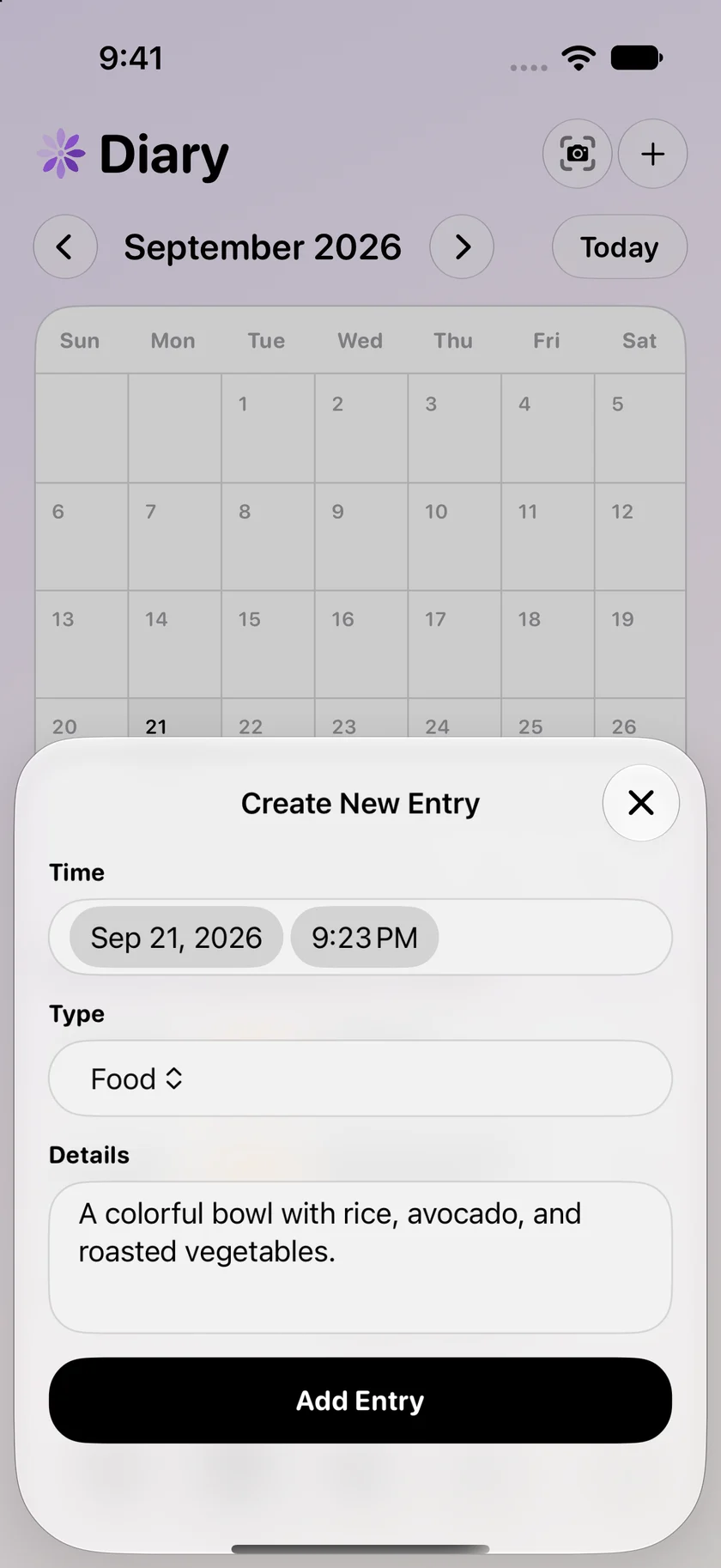 insightfull food diary entry editor on iphone 17 pro with example data